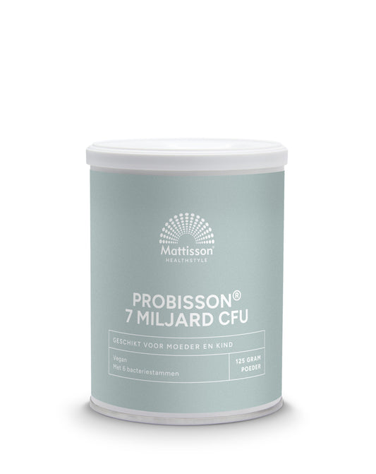 Mattisson Probisson probiotic powder with 7 billion CFU for mother and child, 125g, featuring micro-organisms in a white jar