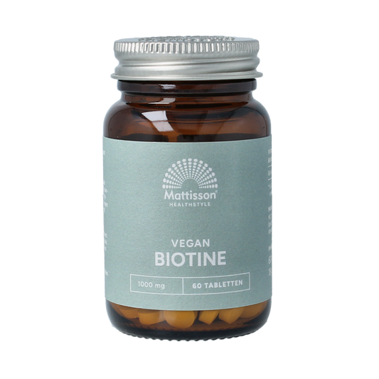 Mattisson Biotine 1000mcg vitamin tablets, 60-count bottle, showing the packaging and tablets inside.