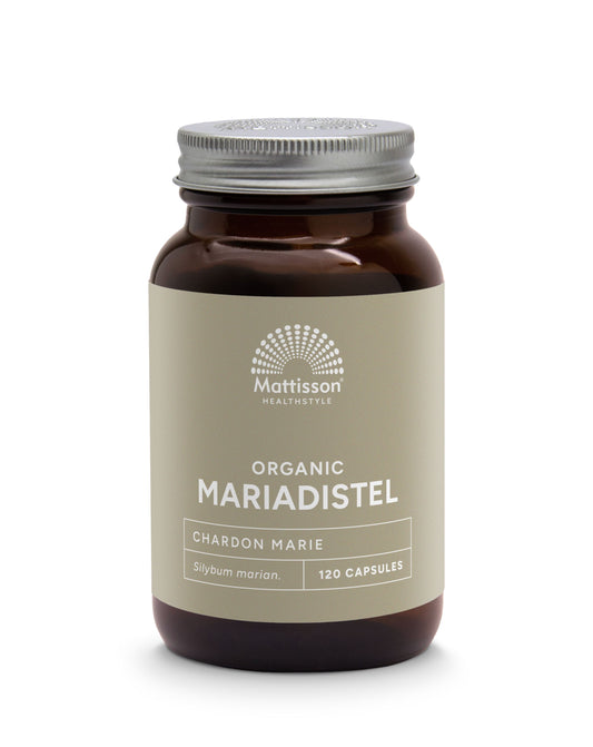 Vegetarian capsules of Mattisson Mariadistel 250mg organic herbal supplement in a clear bottle with label.