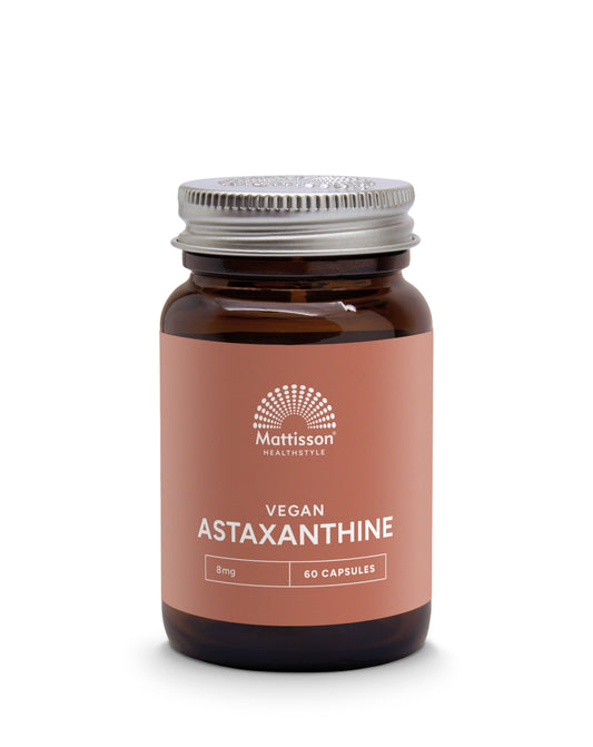 Mattisson Vegan Astaxanthine 8mg vegetarian capsules in a bottle, herbal supplement for antioxidant support.