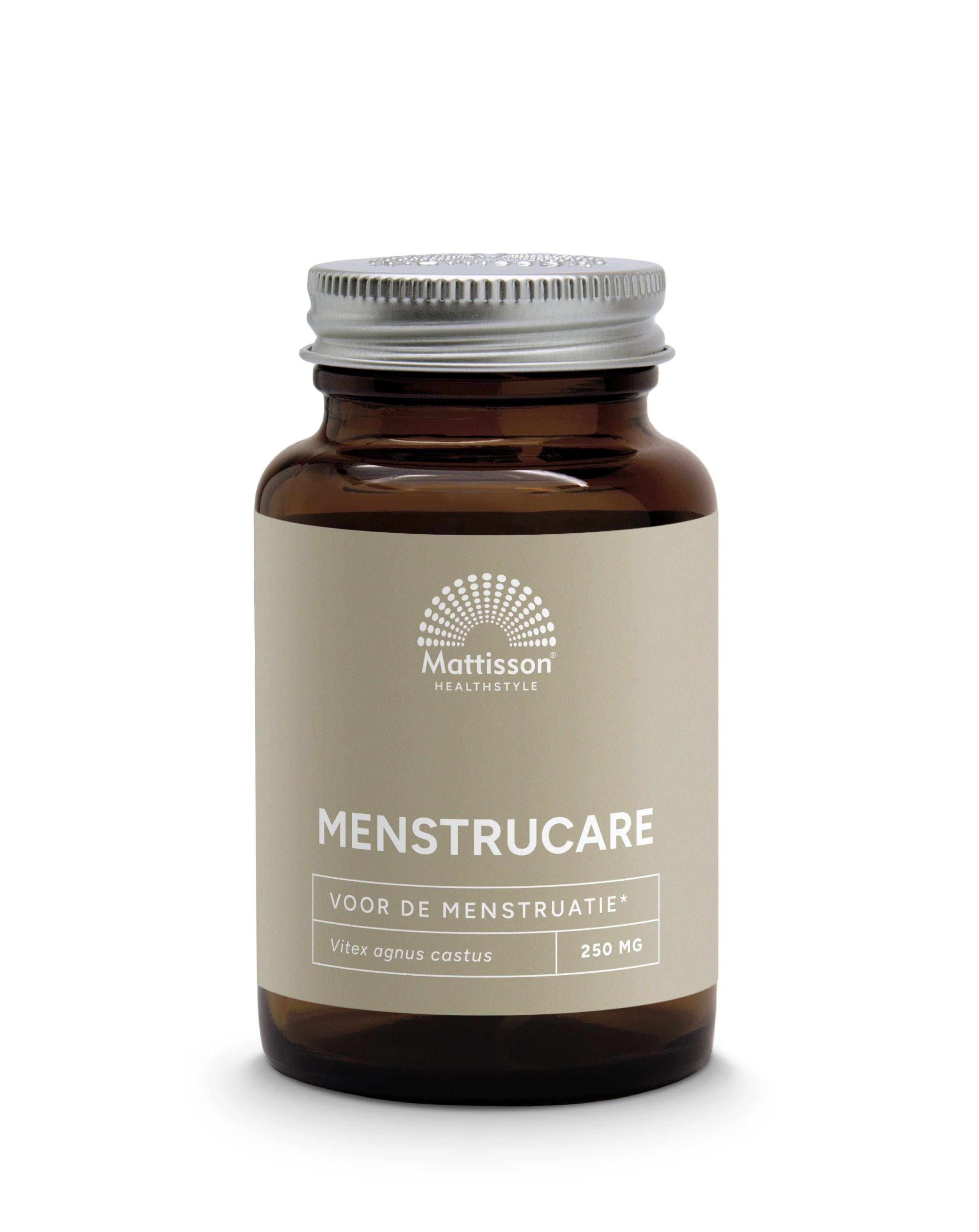 Mattisson Menstrucare Vitex Agnus Castus herbal capsules, vegetarian supplement in a clear bottle with a white label.