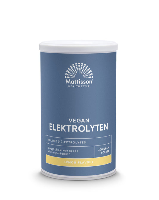Mattisson Elektrolyten poeder lemon in a 300g package, raw superfood with lemon flavor, shown in a clear container.