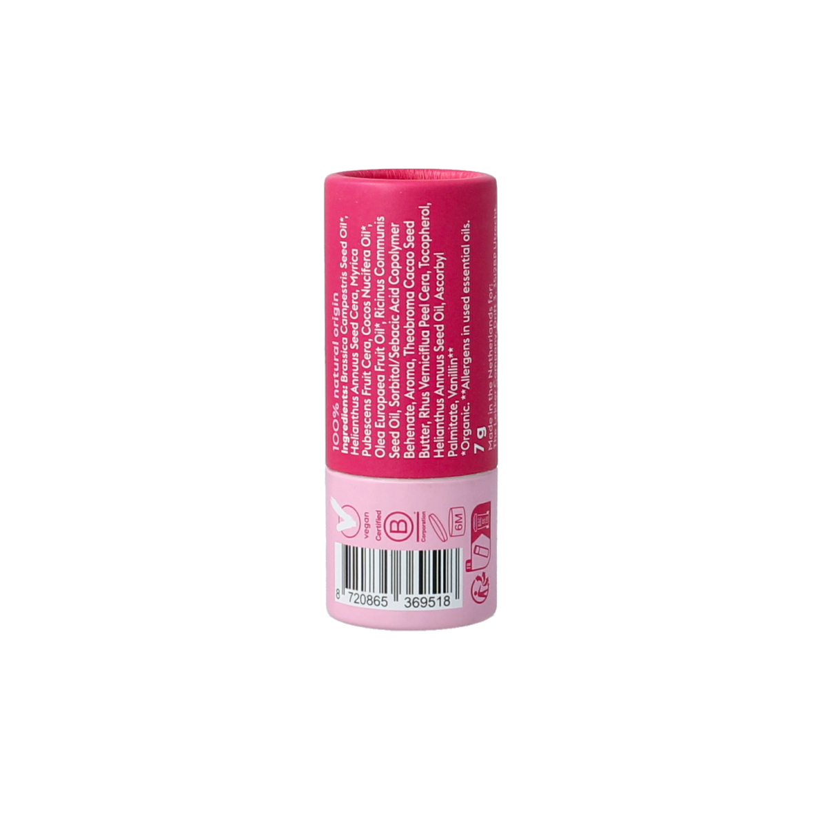 Lekker Company raspberry lip balm stick, 7g, with a smooth container and vibrant raspberry flavor for lip hydration.