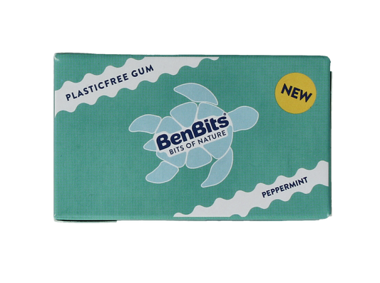 BenBits Peppermint chewing gum pack with 12 pieces, featuring colorful peppermint-flavored candy in a clear wrapper.