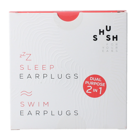 Shush sleep and swimming earplugs in pair, soft hearing protection for sleep and swimming, shown in the image.