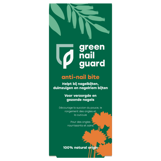 Green Nail Guard anti-nail bite hand care product in a 5ml bottle, designed to protect nails and promote healthy nail growth.