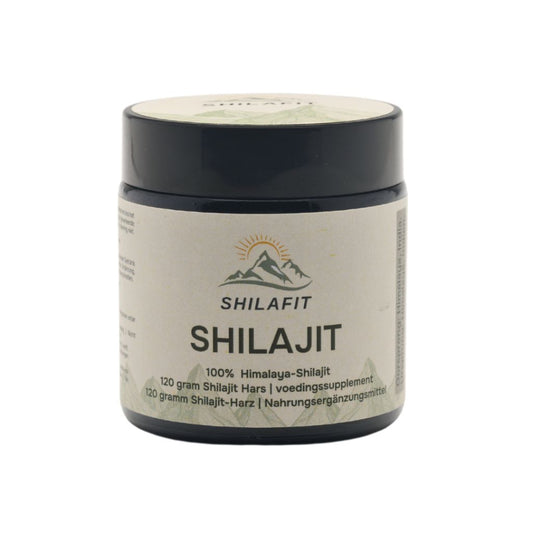 Shilafit Shilajit resin in 120g jar, showing dark mineral-enriched resin for natural health supplement use.