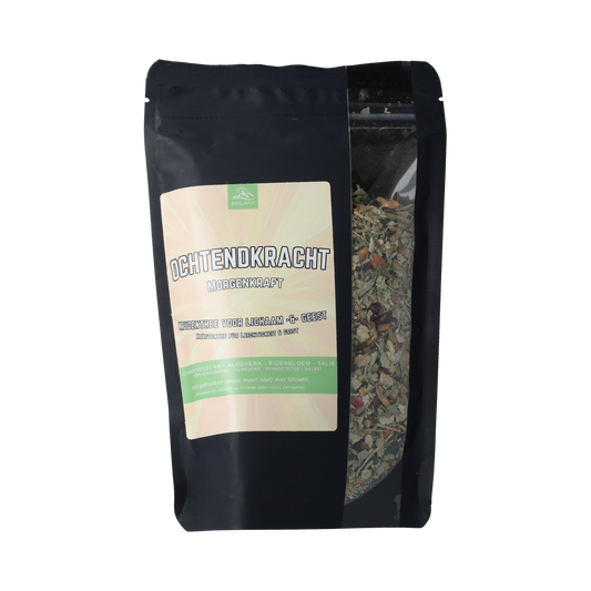 Shilafit Thee ochtendkracht 65g, a herbal tea blend in a colorful package, designed for morning energy and wellness.