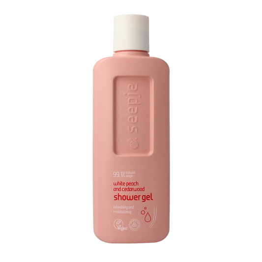 Seepje white peach and cedarwood shower gel in 300ml bottle, featuring a white peach and cedarwood scent for bath and shower use.