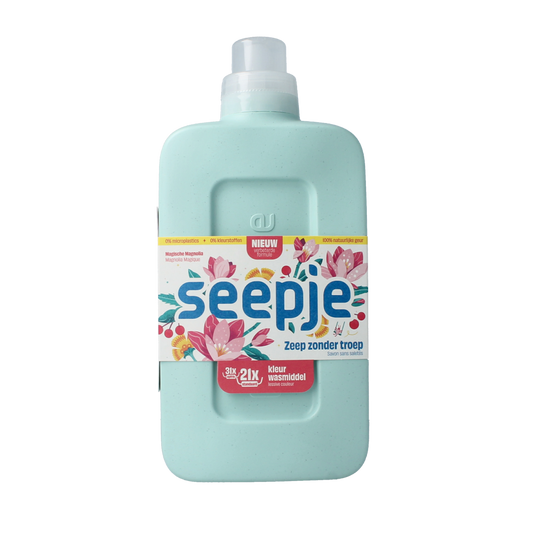 Seepje Wasmiddel kleur in 945 ml bottle, natural laundry detergent for colored fabrics, with vibrant packaging visible.
