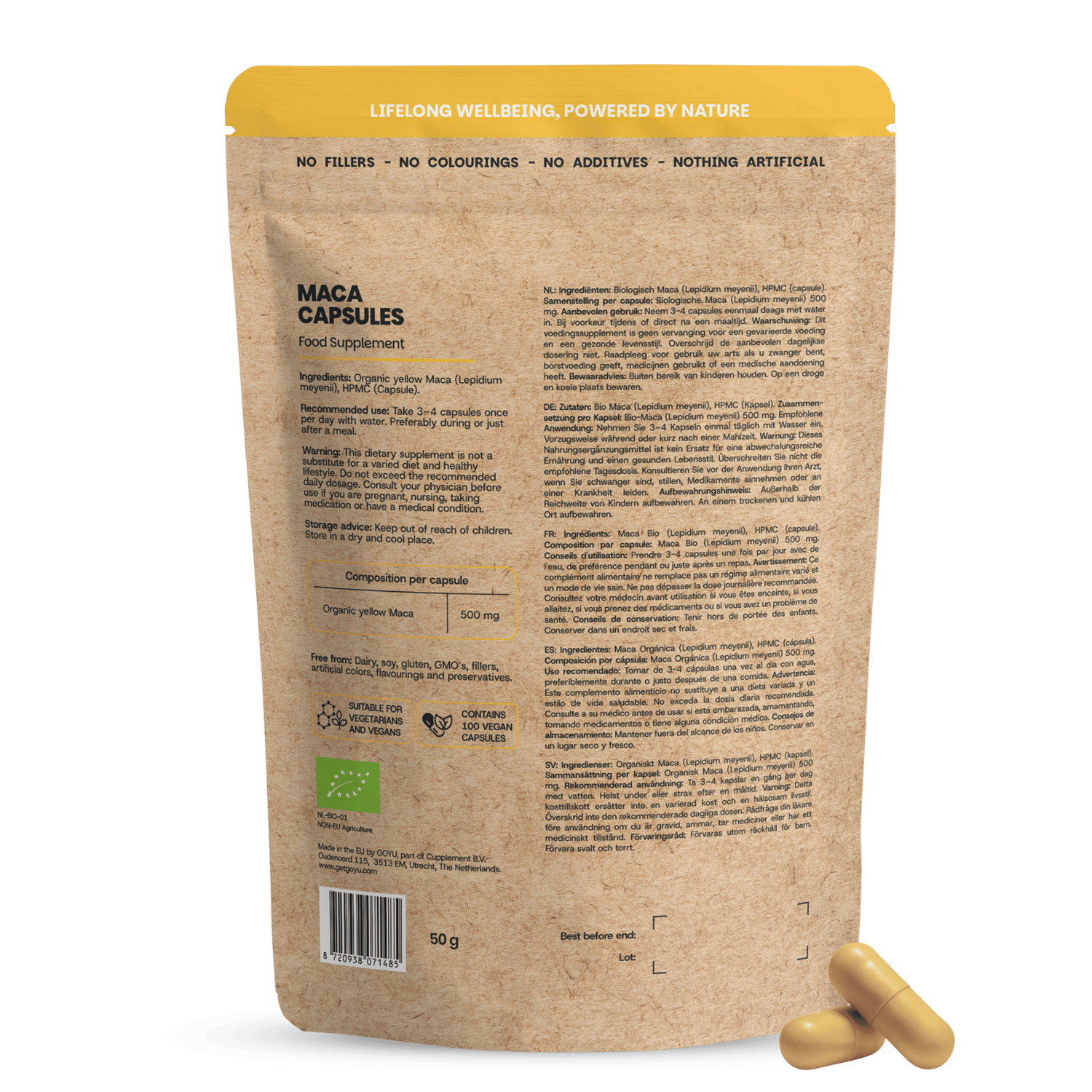 Goyu Maca 500mg bio capsules, herbal supplement, 100 capsules, natural dietary supplement with Goyu branding