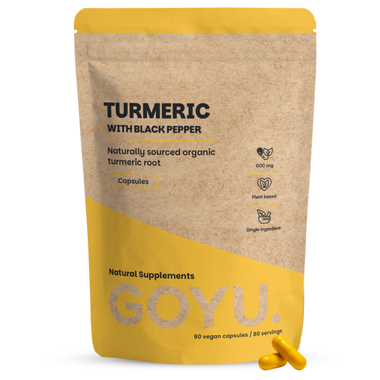 Goyu Kurkuma piperine bio supplement capsules, 80 count, in a clear container with label showing turmeric and black pepper ingredients.