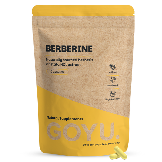 Goyu Berberine extract 400mg vegetarian capsules, dietary supplement for health support, shown in a bottle with capsules inside.
