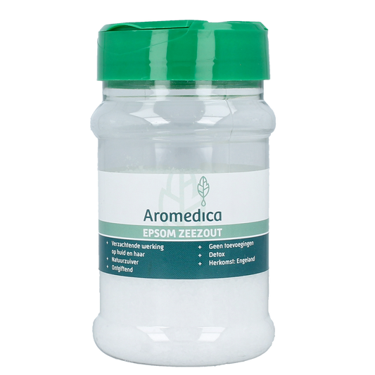 Aromedica Epsom zout 200g in a clear bag, featuring natural herbal and salt mix for bath and relaxation purposes.