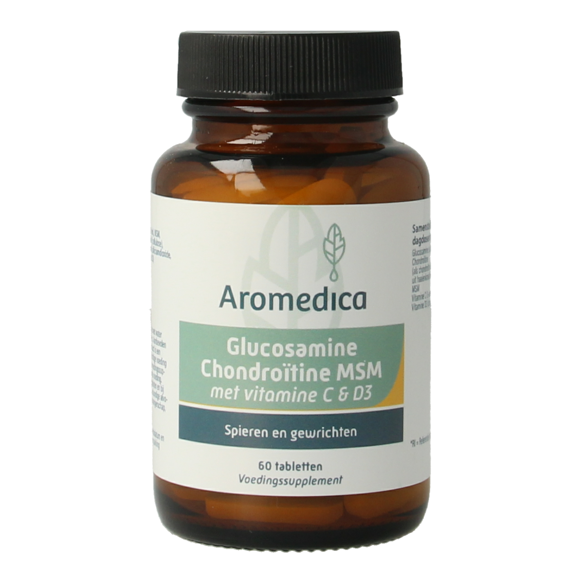 Aromedica Glucosamine Chondroitine MSM mineral supplement tablets, showing the bottle with 60 tablets on a white background.