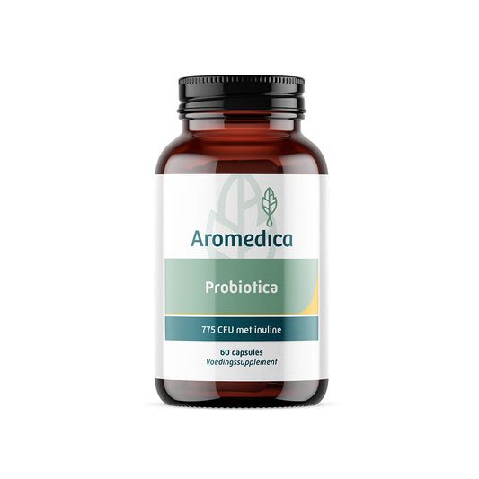 Aromedica Probiotica 775M CFU capsules with inuline, featuring micro-organisms supplement in a white bottle.