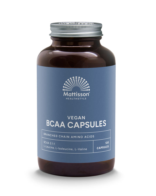 Mattisson Vegan BCAA 2:1:1 capsules, vegetarian herbal supplement in 120 capsules, dietary amino acid supplement.