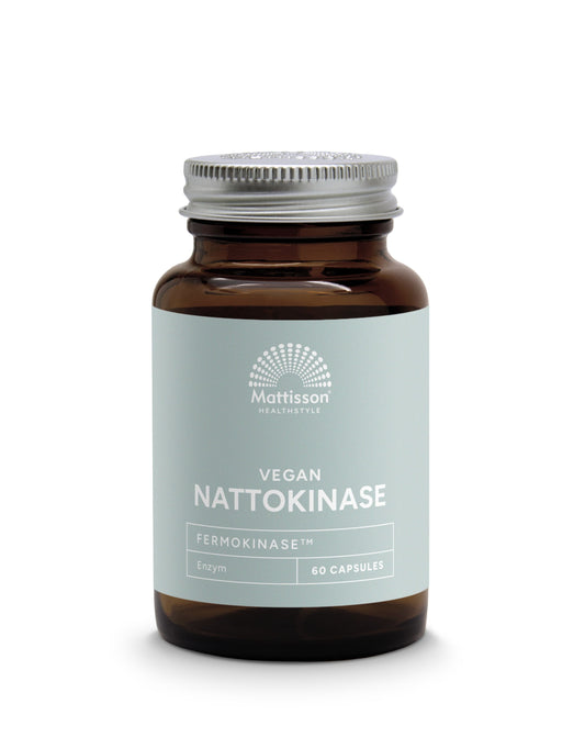 Mattisson Vegan Nattokinase capsules in a bottle, dietary supplement from kruidenpreparaten brand, with label visible.