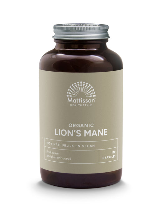 Mattisson Lion's Mane 500mg herbal capsules, vegetarian supplement in a clear bottle, highlighting the product's natural ingredients.