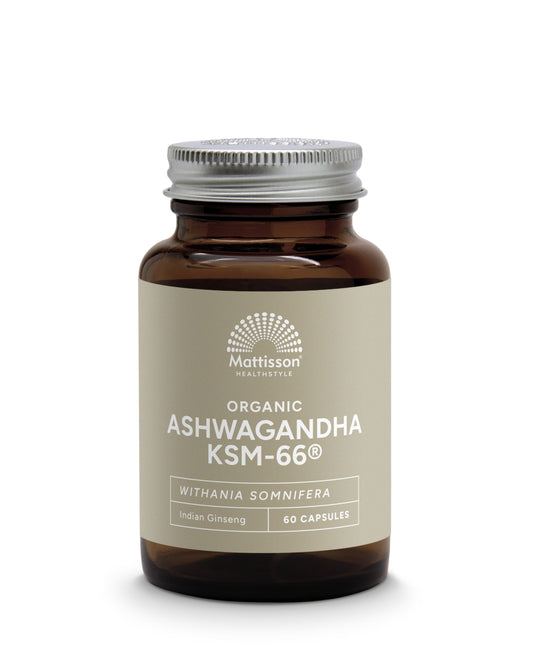 Mattisson Ashwagandha KSM-66 bio capsules, herbal supplement, 60 capsules, natural plant-based kruidpreparaten product.