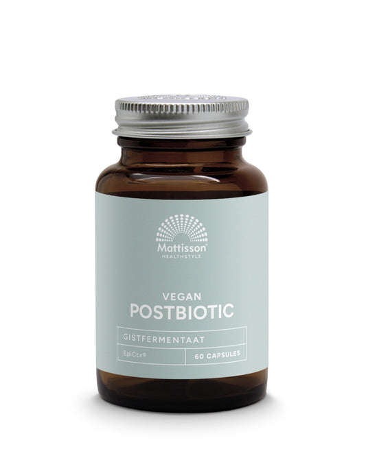 Mattisson Vegan postbiotic EpiCor capsules, 500mg, showing a bottle of 60 capsules with micro-organism supplement details.