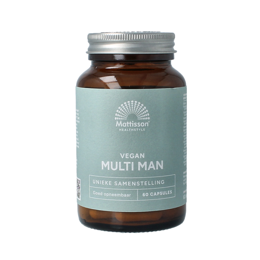 Mattisson Multi Man Vegan vitamin capsules, 60 vegetarian multivitamin supplement capsules in a clear container.