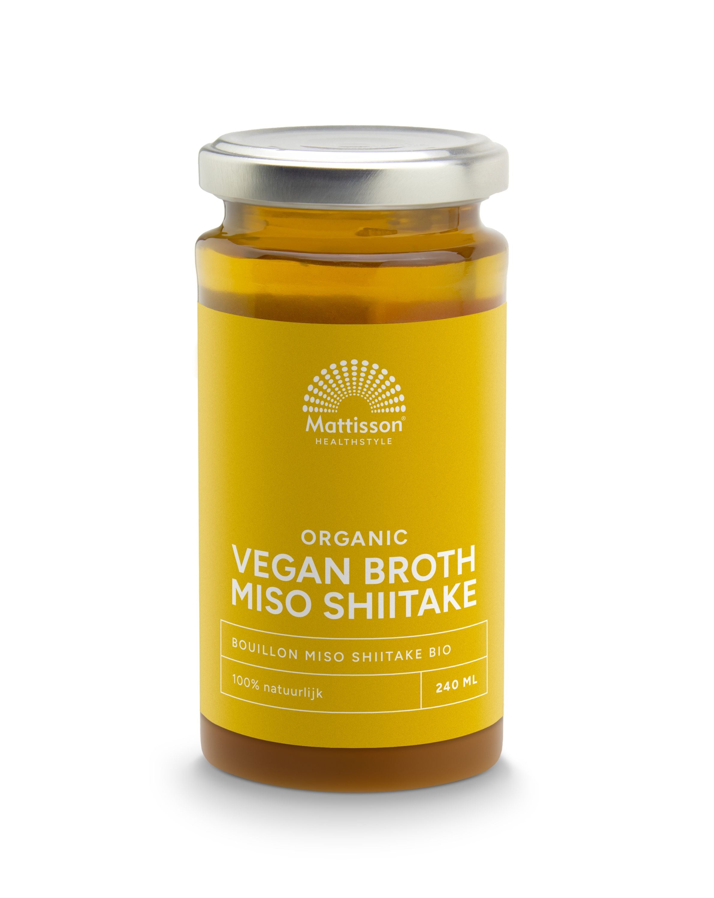 Mattisson Organic Miso Vegan Broth 240ml in a glass bottle, labeled with product details, for soups and broths.
