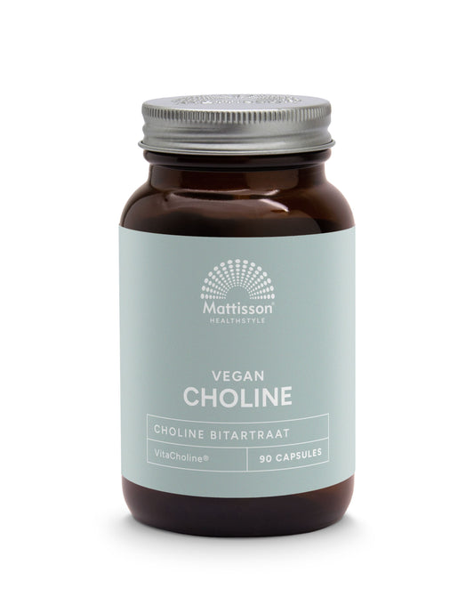 Mattisson Vegan Vitacholine 400mg capsules in a bottle, part of herbal supplements (kruidenpreparaten) from the Mattisson brand.