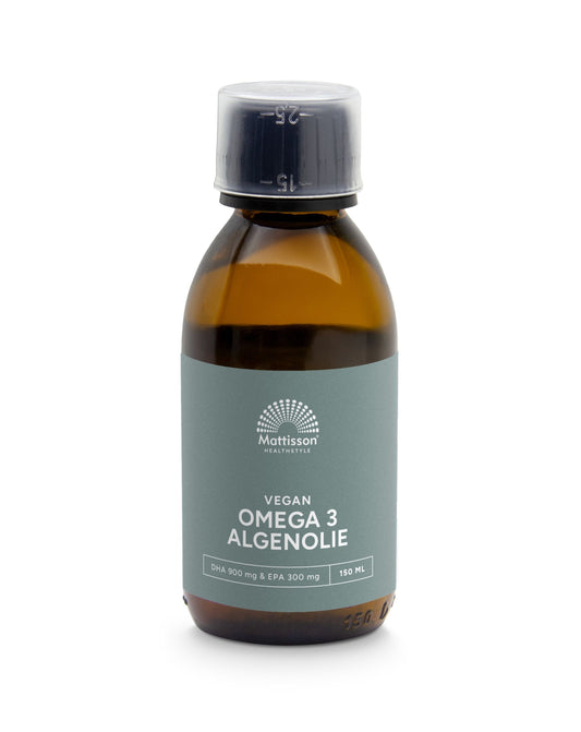 Mattisson Algenolie omega-3 supplement in 150ml bottle, featuring DHA and EPA in triglyceride form for healthy fats.