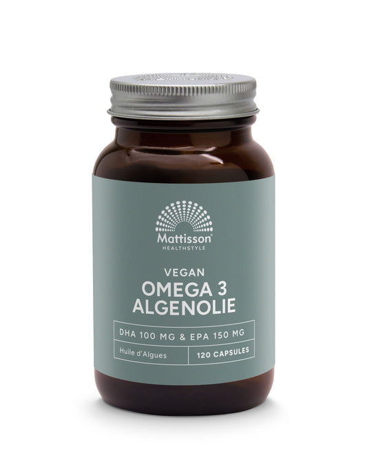 Mattisson Vegan Omega-3 algae oil capsules with EPA 150mg and DHA 100mg, showing the clear capsule and label.