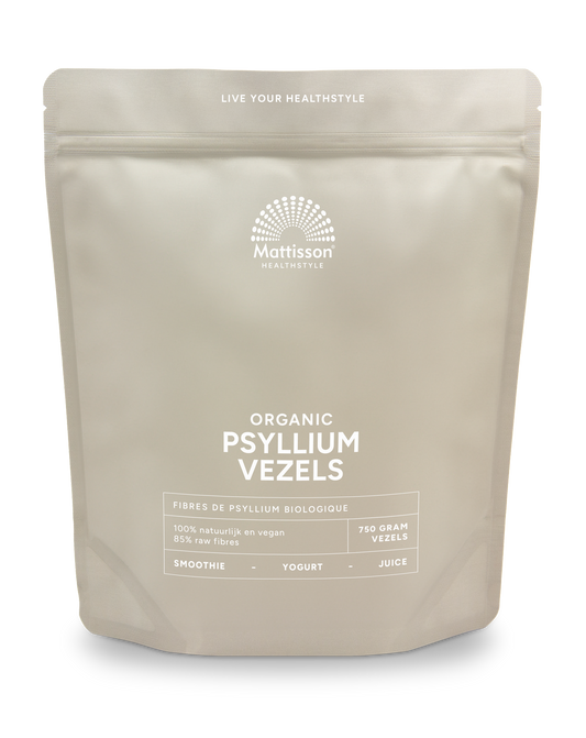 Organic Mattisson psyllium fiber and enzyme supplement in a 750g package, featuring a close-up of the product label and packaging.
