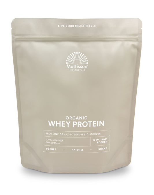 Mattisson Wei proteine poeder with 80% natural bio aminozuren, 1 kg container, close-up of the product packaging.