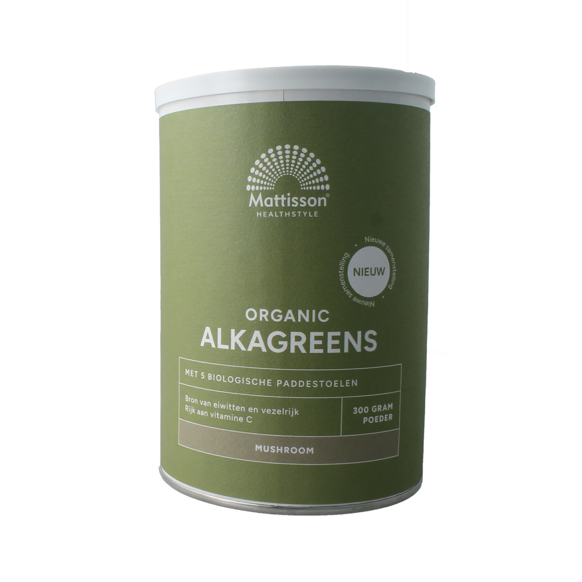 Mattisson Organic Alkagreens Mushroom bio herbal supplement in 300g package, featuring dried mushrooms and herbal ingredients.