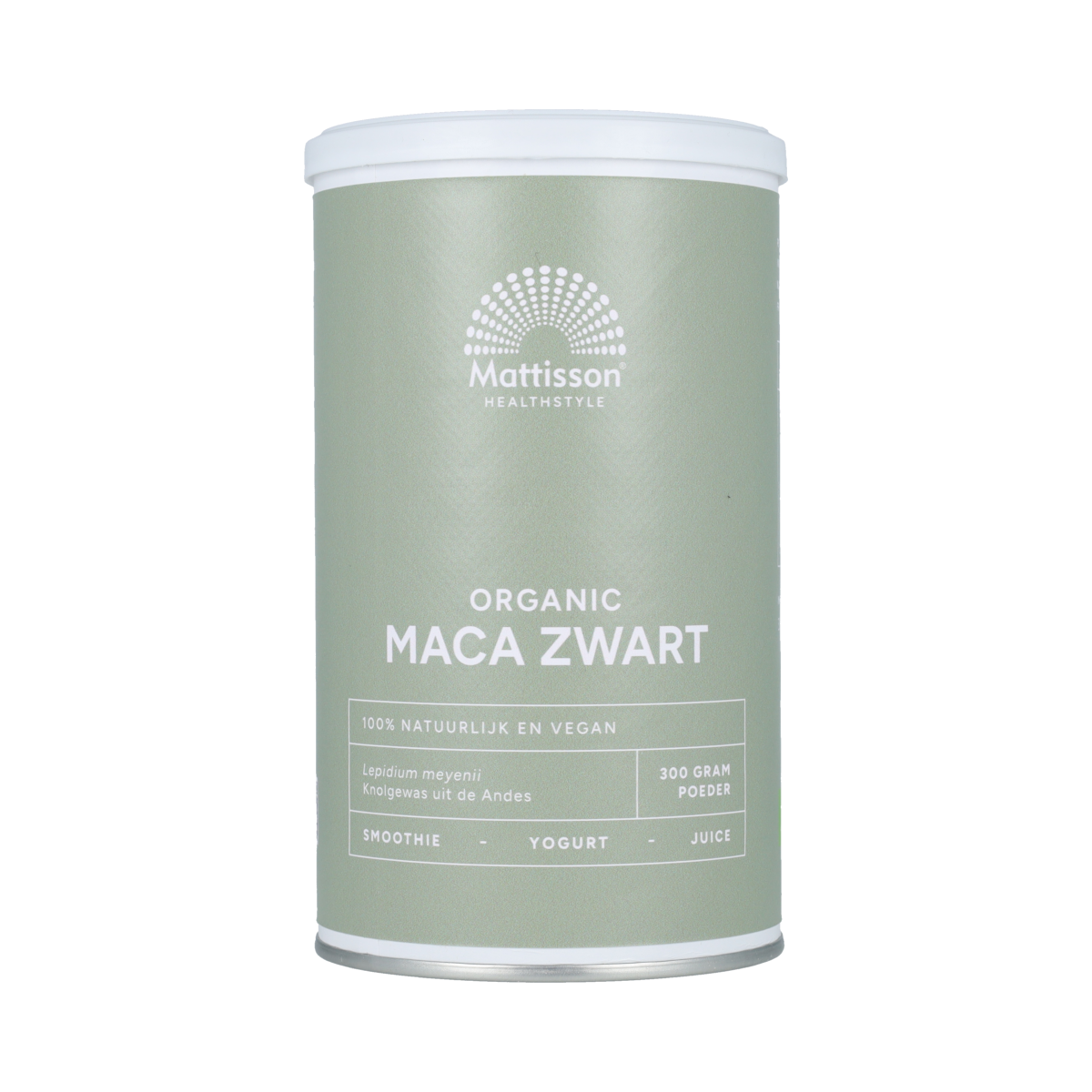 Mattisson Organic Maca Zwart powder in 300g package, raw superfood from black maca root, natural and organic health supplement