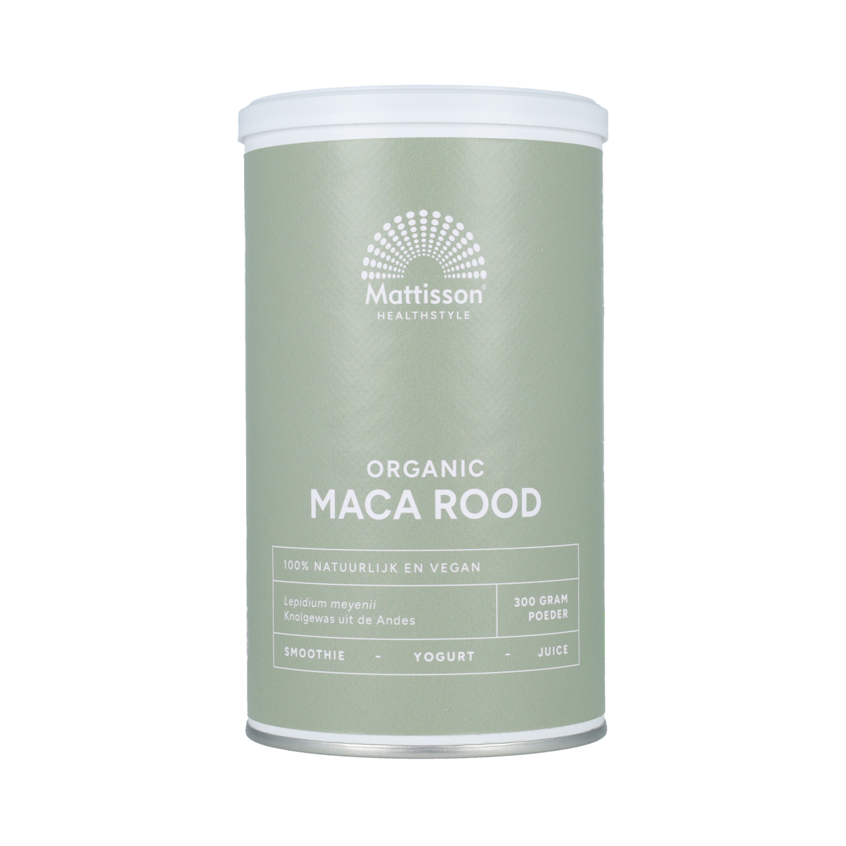 Organic Maca Root powder from Mattisson in a 300g package, shown in a resealable bag with a natural, earthy appearance.