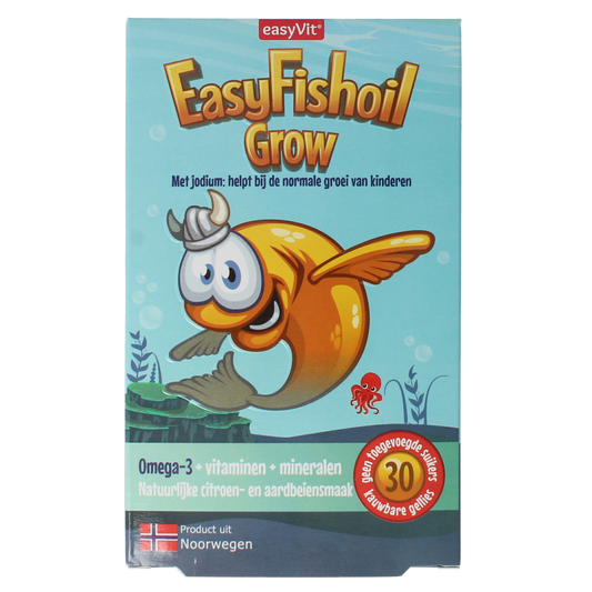 EasyVit Easyfishoil Grow Vetzuren gummies, orange-flavored fish oil supplements in a clear bottle with 30 gummies.