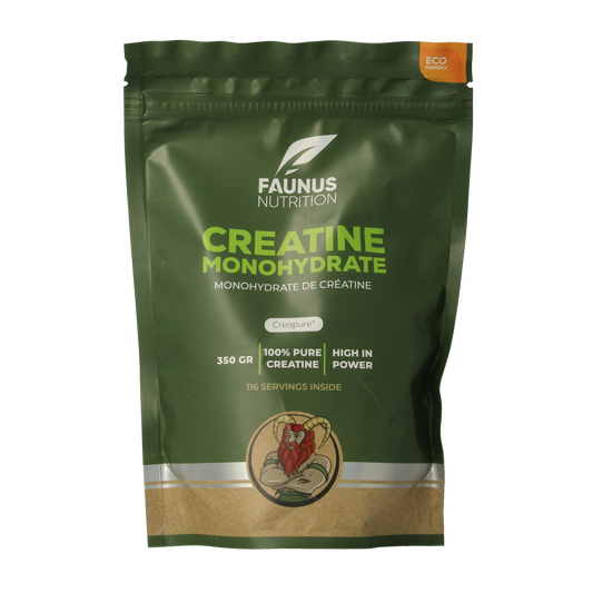 Faunus Nutrition Creatine Monohydrate Creapure 350g container, showing the supplement packaging for muscle performance.