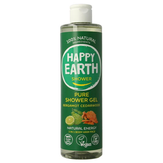 Happy Earth bergamot cedarwood shower gel in 300ml bottle, moisturizing bad en douche with natural citrus and woody scent.
