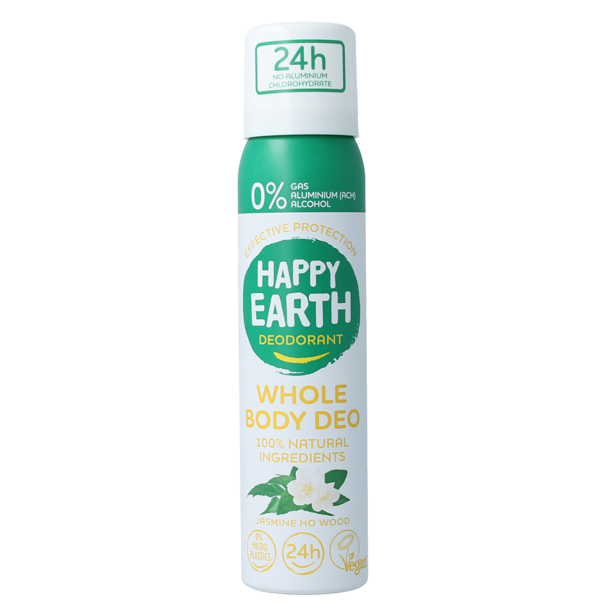 Happy Earth jasmine wood deodorant bodyspray in 100ml bottle, with a sleek container and floral labeling.