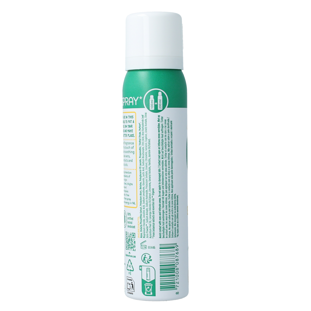 Happy Earth jasmine wood deodorant bodyspray in a 100ml bottle with floral and woody fragrance, displayed on a neutral background.