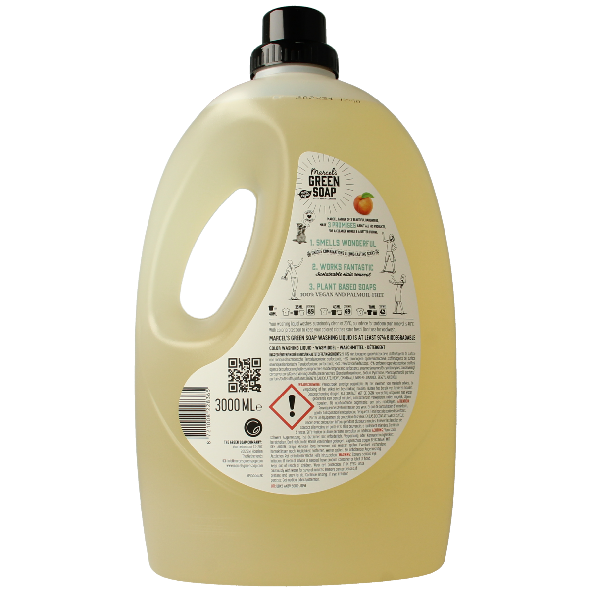 Marcel's Green Soap wasmiddel kleur perzik en jasmijn in 3-liter fles, eco-friendly laundry detergent with peach and jasmine scent
