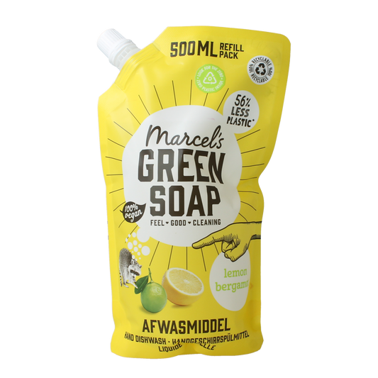 Marcel's Green Soap lemon and bergamot dish soap refill in a 500ml bottle, eco-friendly dishwashing liquid for gentle cleaning.