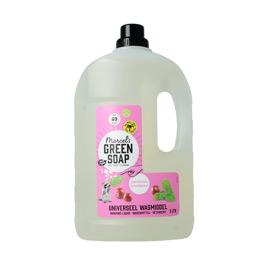 Marcel's Green Soap universeel wasmiddel in 3L bottle, patchouli and cranberry scent, eco-friendly laundry detergent.