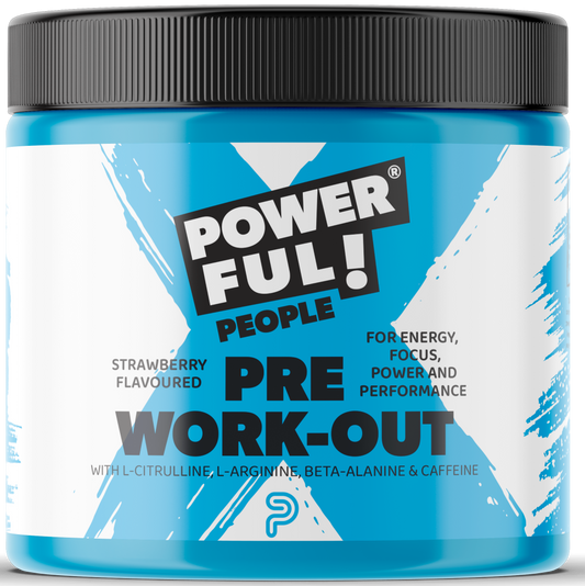 Powerful People Pre-Workout Strawberry flavored vitamin multi supplement in a 250g container with a scoop and label.