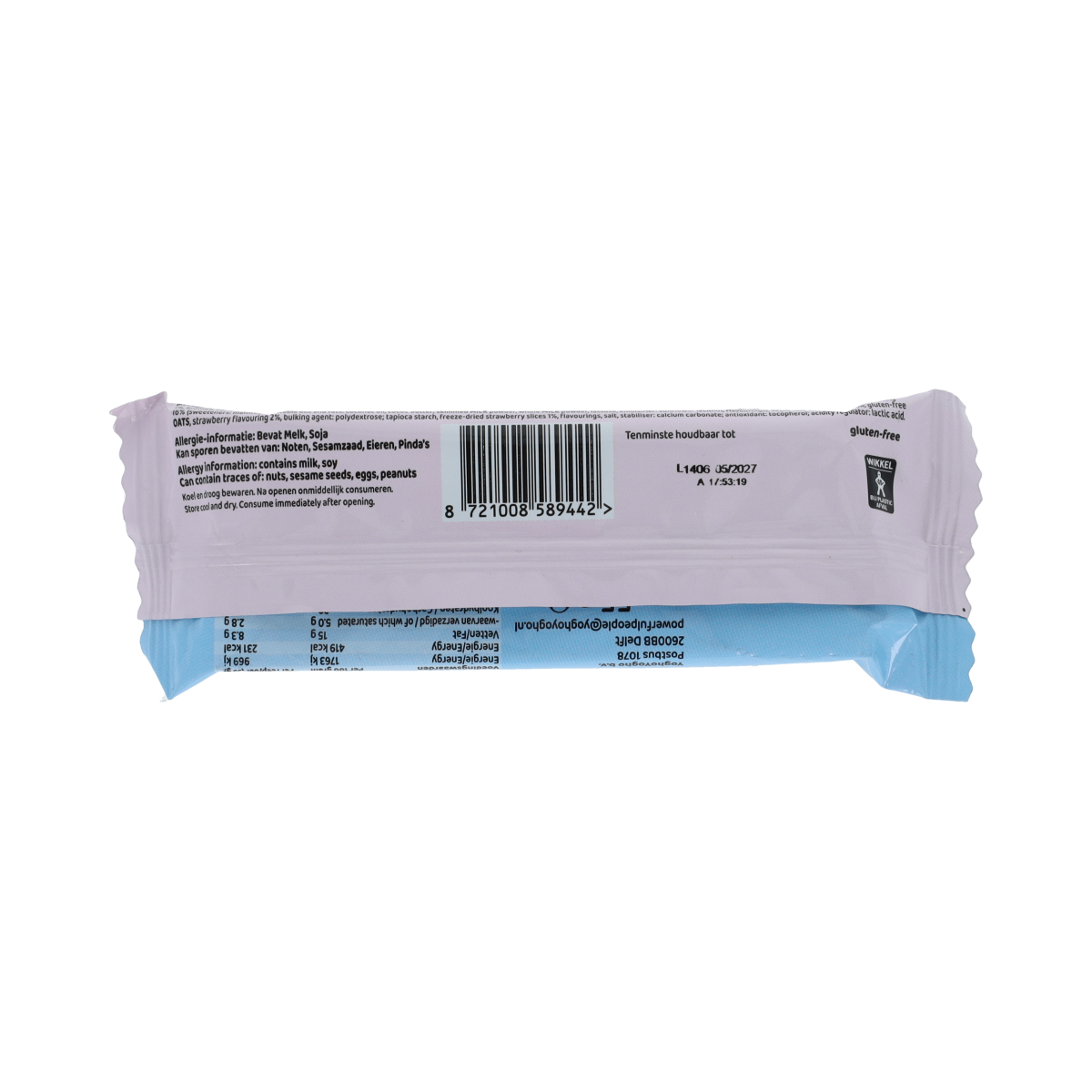 Powerful People Crunchy Protein Bar Yoghurt Aardbei, 55g, showing a chocolate-coated snack with strawberry flavor and crunchy texture.