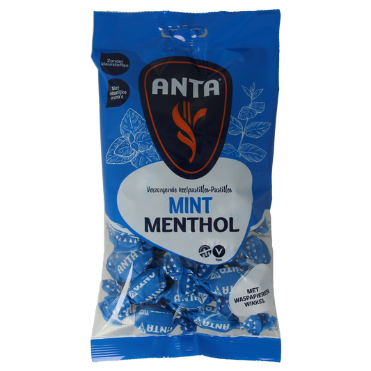 Anta Mint Menthol snoepgoed in 165g package, showing mint candies with green and white packaging details.