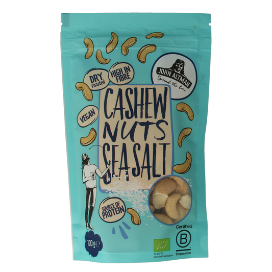 Raw John Altman dry roasted cashew nuts with sea salt in a 100g bio package, showcasing golden cashews and sea salt seasoning.