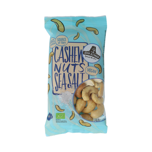 Organic John Altman cashew nuts with sea salt in a 45g snack pack, showing roasted cashews sprinkled with sea salt.
