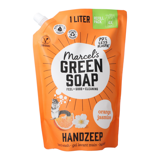 Marcel's Green Soap orange and jasmine hand soap refill bottle, 1000ml, natural skincare product with citrus and floral scent