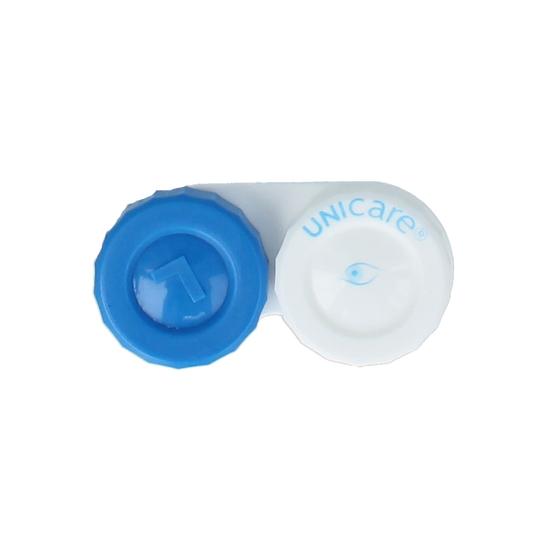 Unicare Lenshouder plat 1.00, optiek product for storing contact lenses, shown with clear design and branding details.